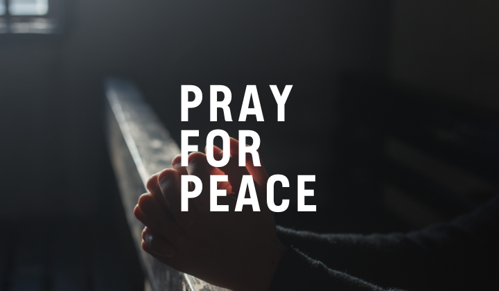 tummalla pohjalla teksti Pray for Peace ja rukoilevat kädet