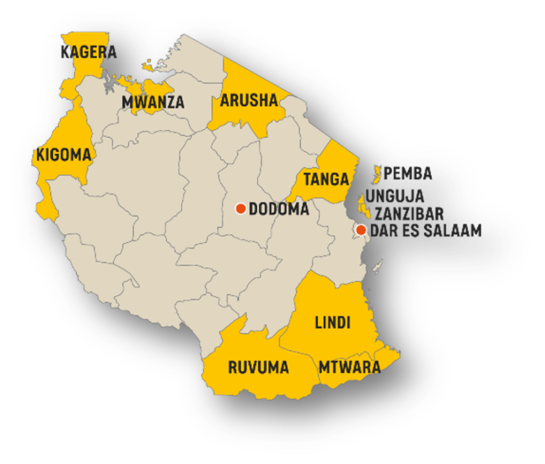 Tansanian kartta, jossa korostettuna Fidan yhteistyöalueet FPCT-kirkon kanssa.